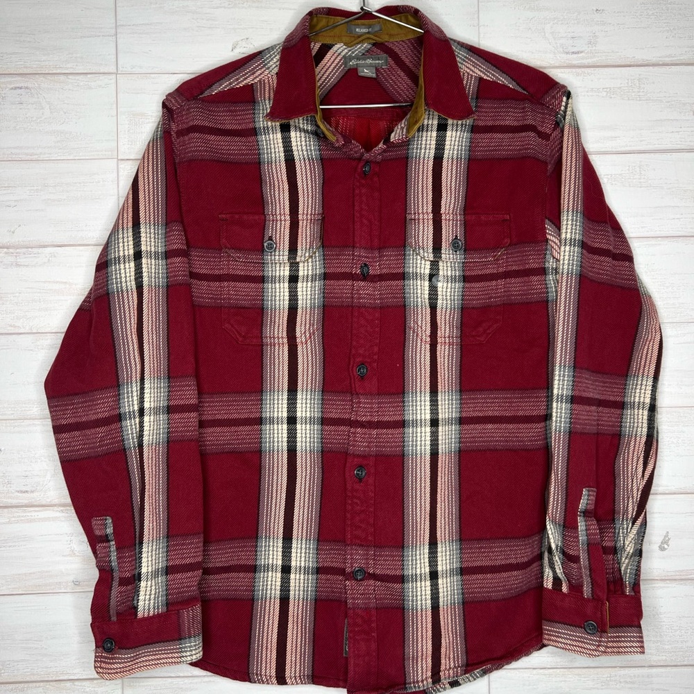 Eddie Bauer Heavy Flannel Shirt Mens M Red Plaid Long Sleeve Cotton Canvas Trim
